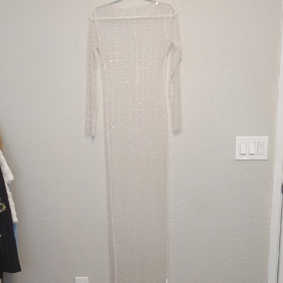 Amazon cream mesh sheet pearl studded long sleeve maxi length swim cover up - Picture 4 of 11
